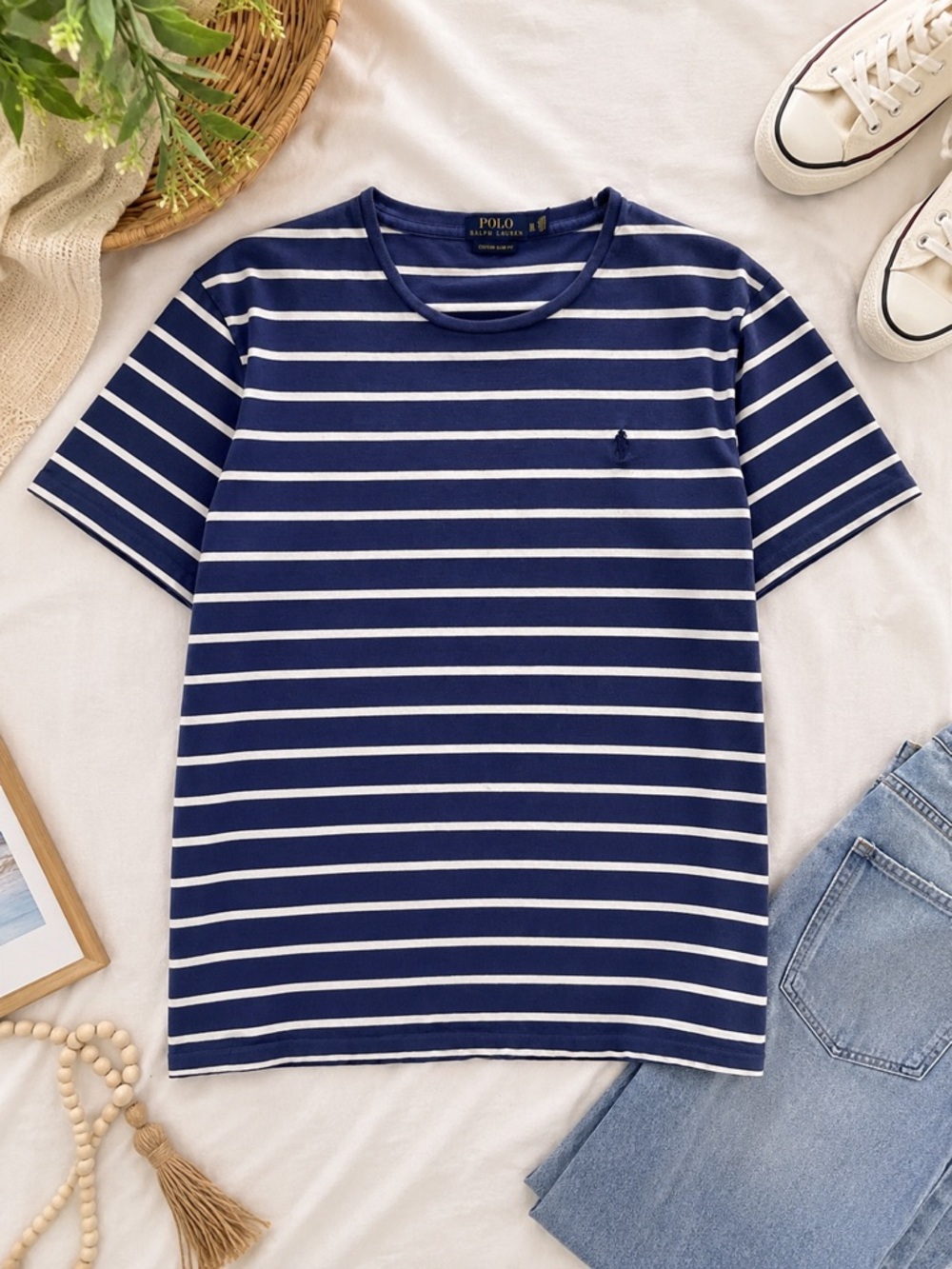 Polo Ralph Lauren Custom Slim Fit Striped Tee XL Blue White